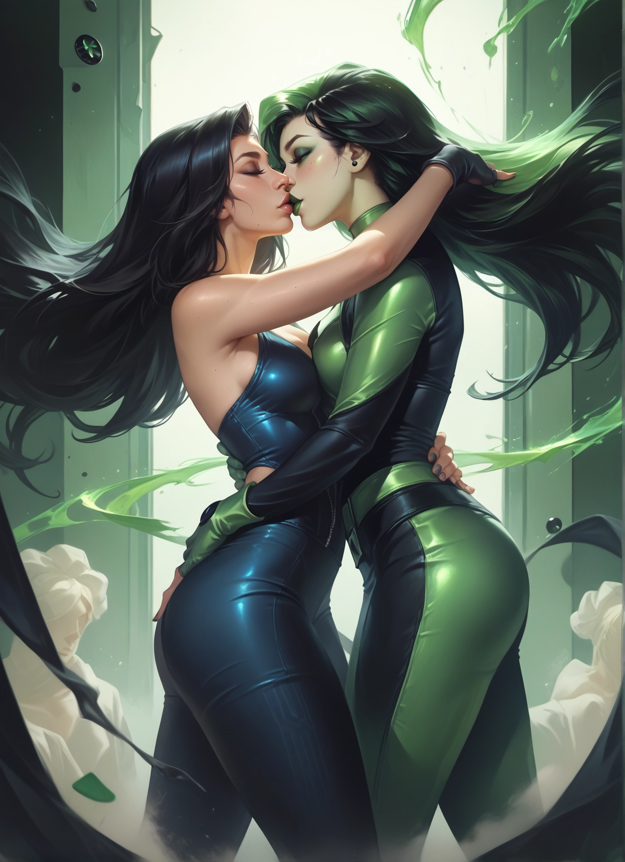 multiple girls, 2girls, yuri, kiss, breasts, black hair · Yamete.gg