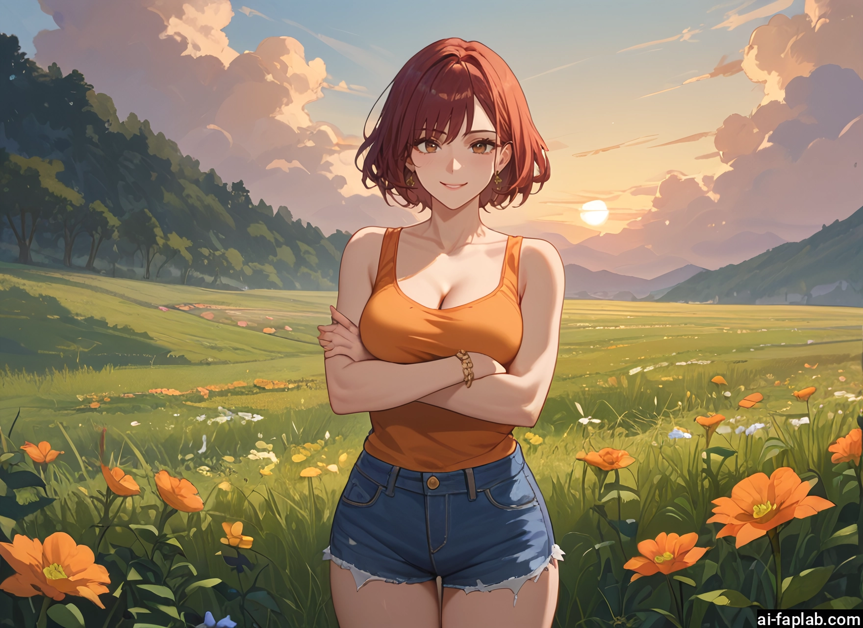 1girl, breasts, shorts, flower, solo, cleavage · Yamete.gg
