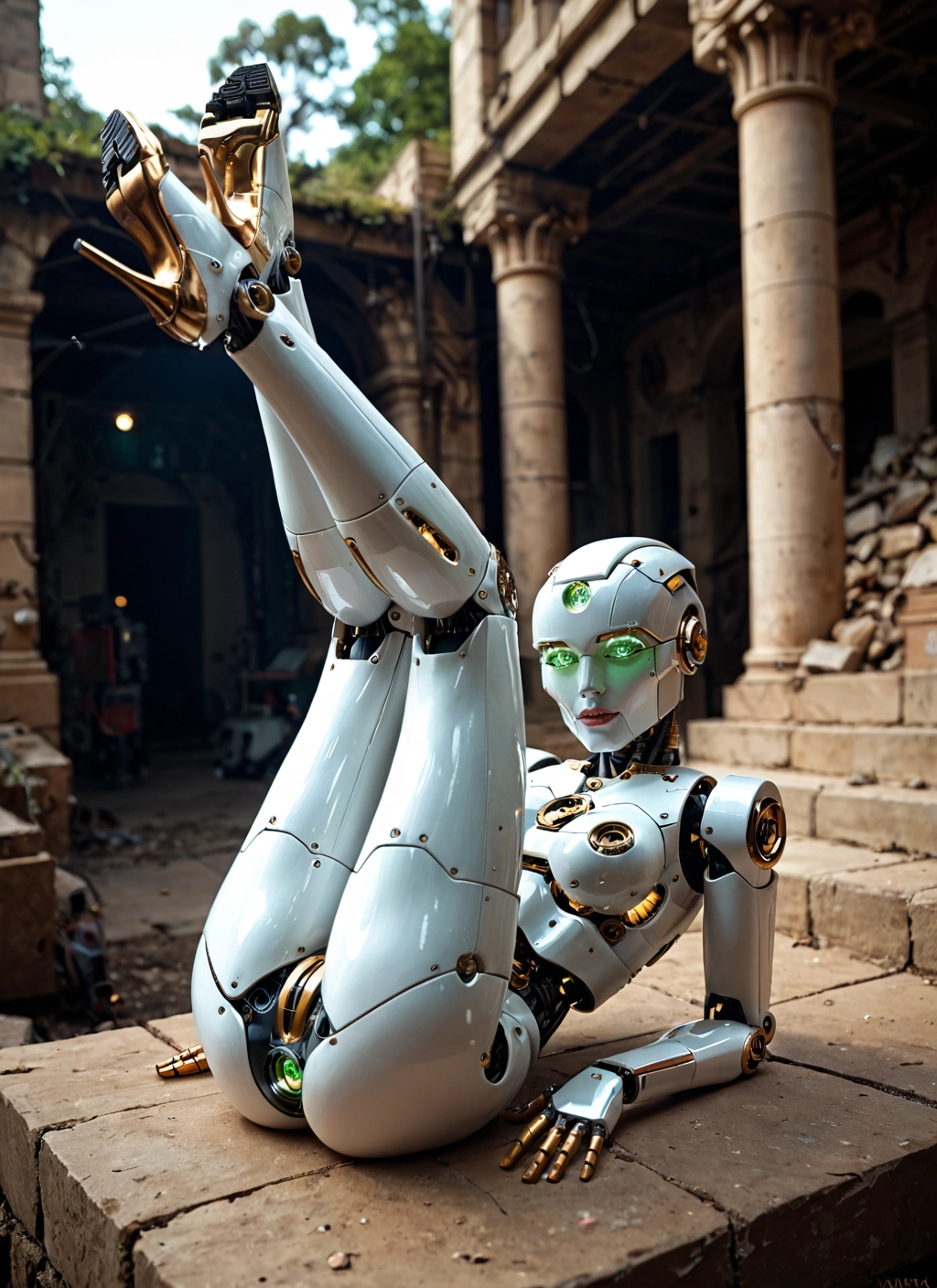 1girl, high heels, legs up, green eyes, robot, robot joints · Yamete.gg