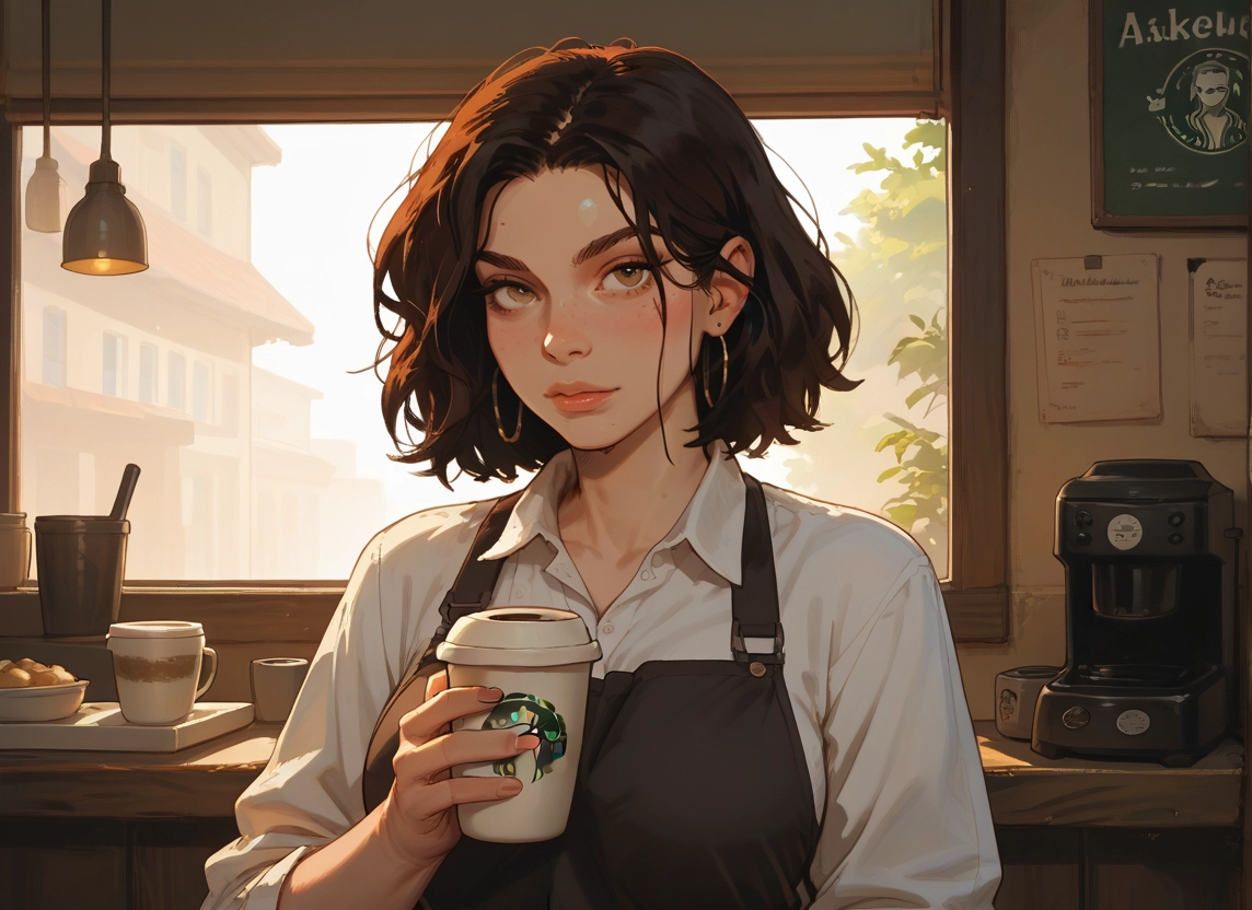 1girl, cup, shirt, solo, earrings, coffee · Yamete.gg