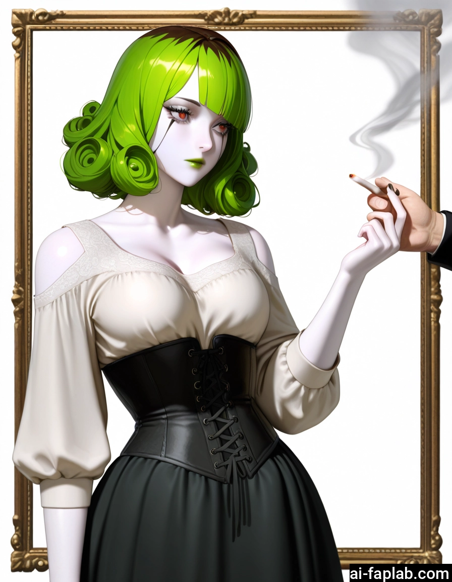 1girl, green hair, breasts, cigarette, red eyes, smoking · Yamete.gg