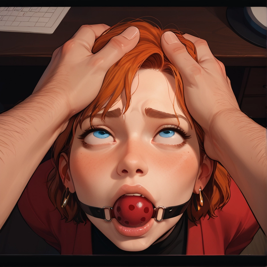 1girl, gag, blue eyes, ball gag, looking up, earrings