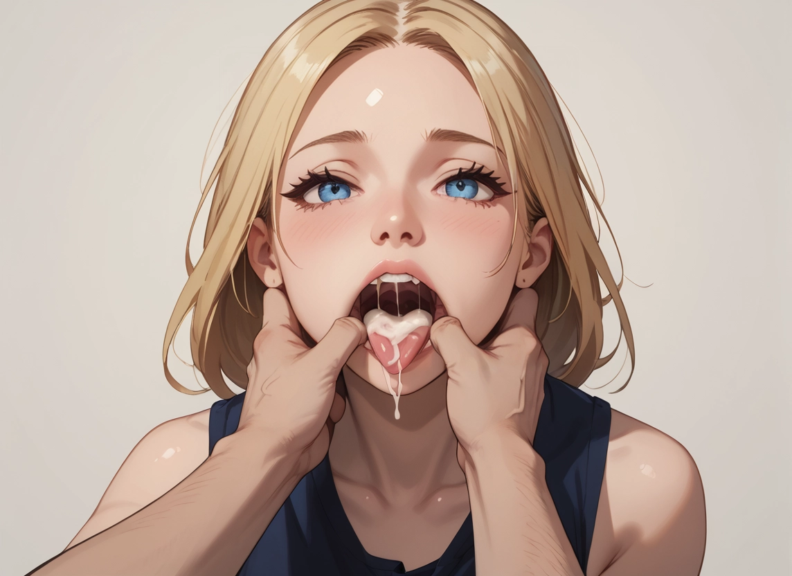 1girl, blue eyes, cum, blonde hair, cum in mouth, open mouth · Yamete.gg