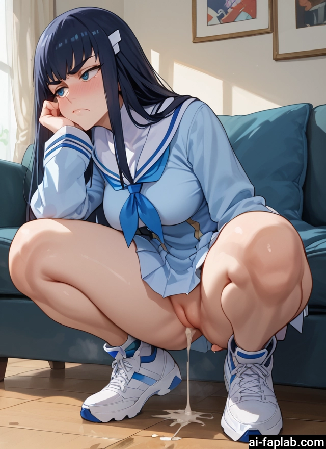 1girl, cum, blue eyes, solo, black hair, squatting