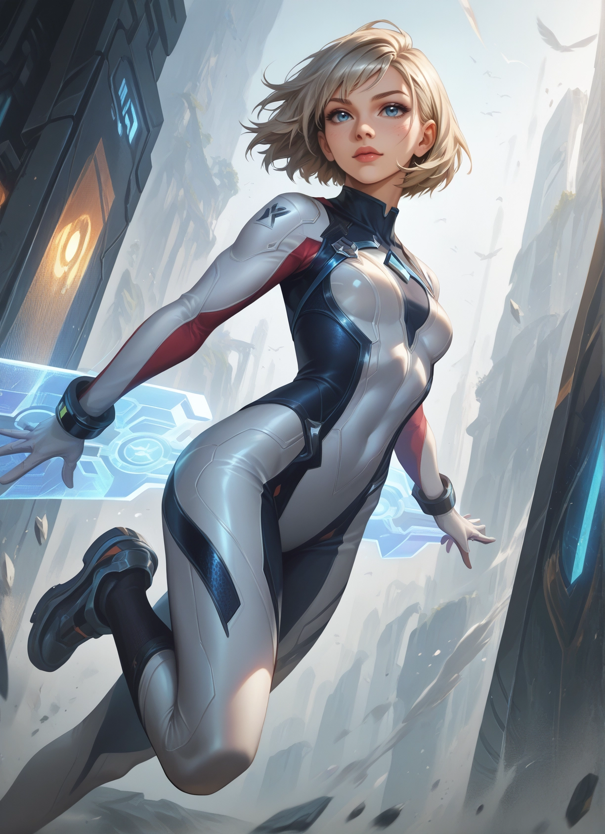 1girl, blue eyes, bodysuit, solo, short hair, breasts · Yamete.gg