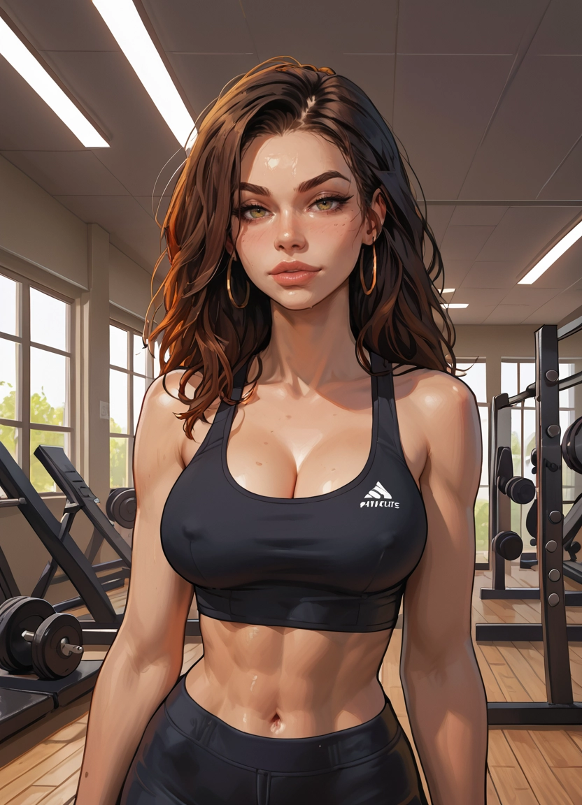 1girl, solo, dumbbell, breasts, gym, sports bra · Yamete.gg