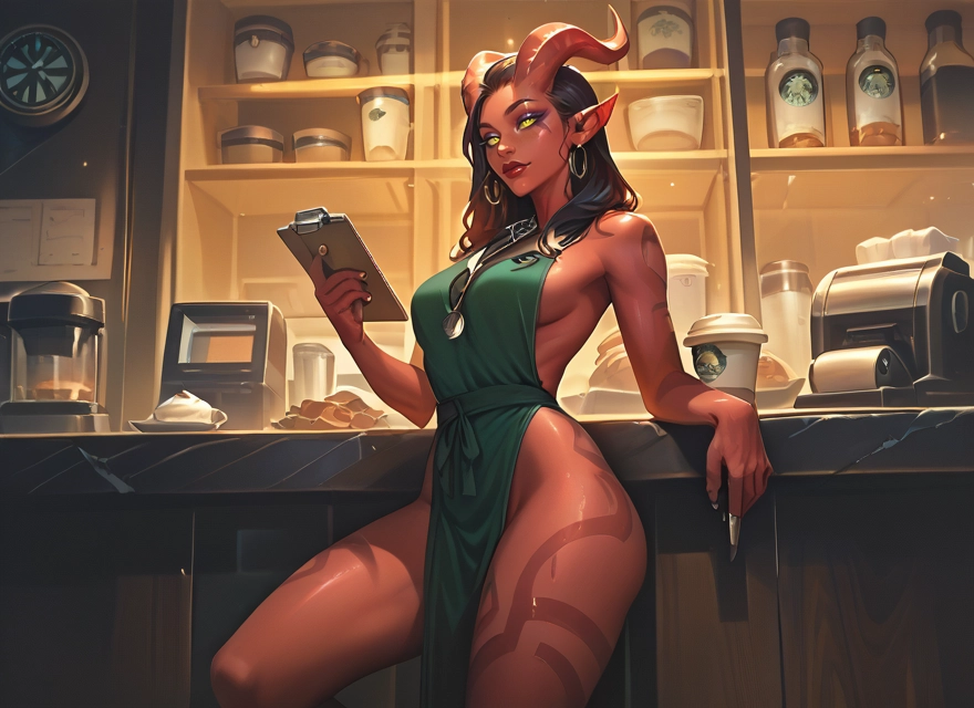 1girl, horns, breasts, solo, apron, jewelry · Yamete.gg