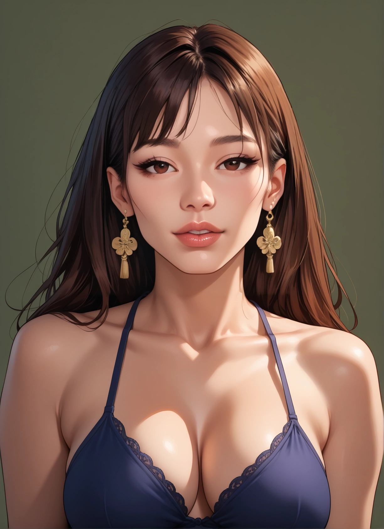 1girl, breasts, brown hair, jewelry, solo, earrings · Yamete.gg