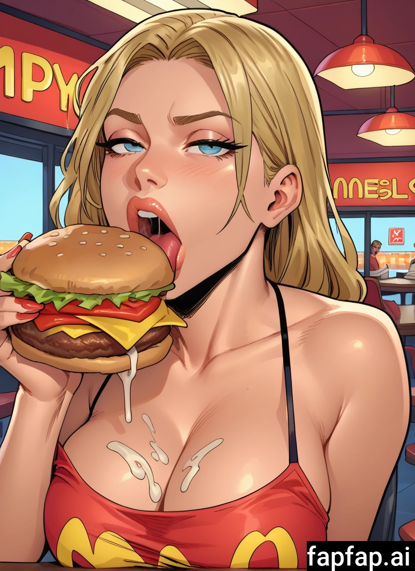 1girl, breasts, food, blue eyes, cleavage, blonde hair