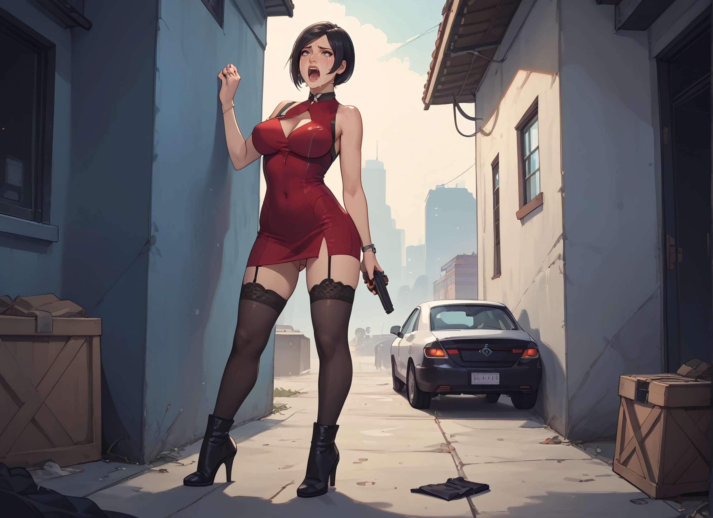 1girl, weapon, gun, thighhighs, breasts, dress · Yamete.gg