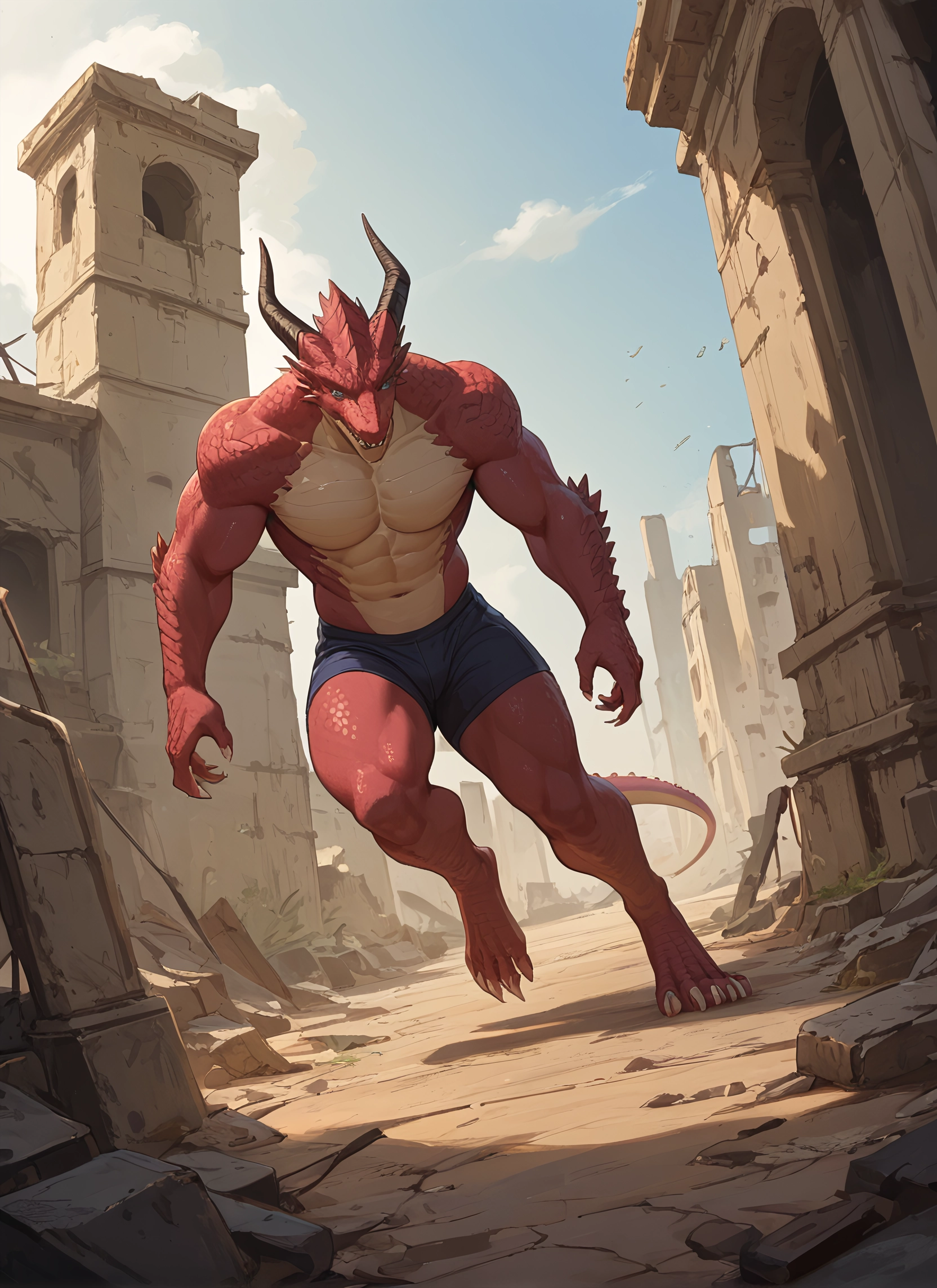 horns, male focus, solo, 1boy, muscular, red skin · Yamete.gg