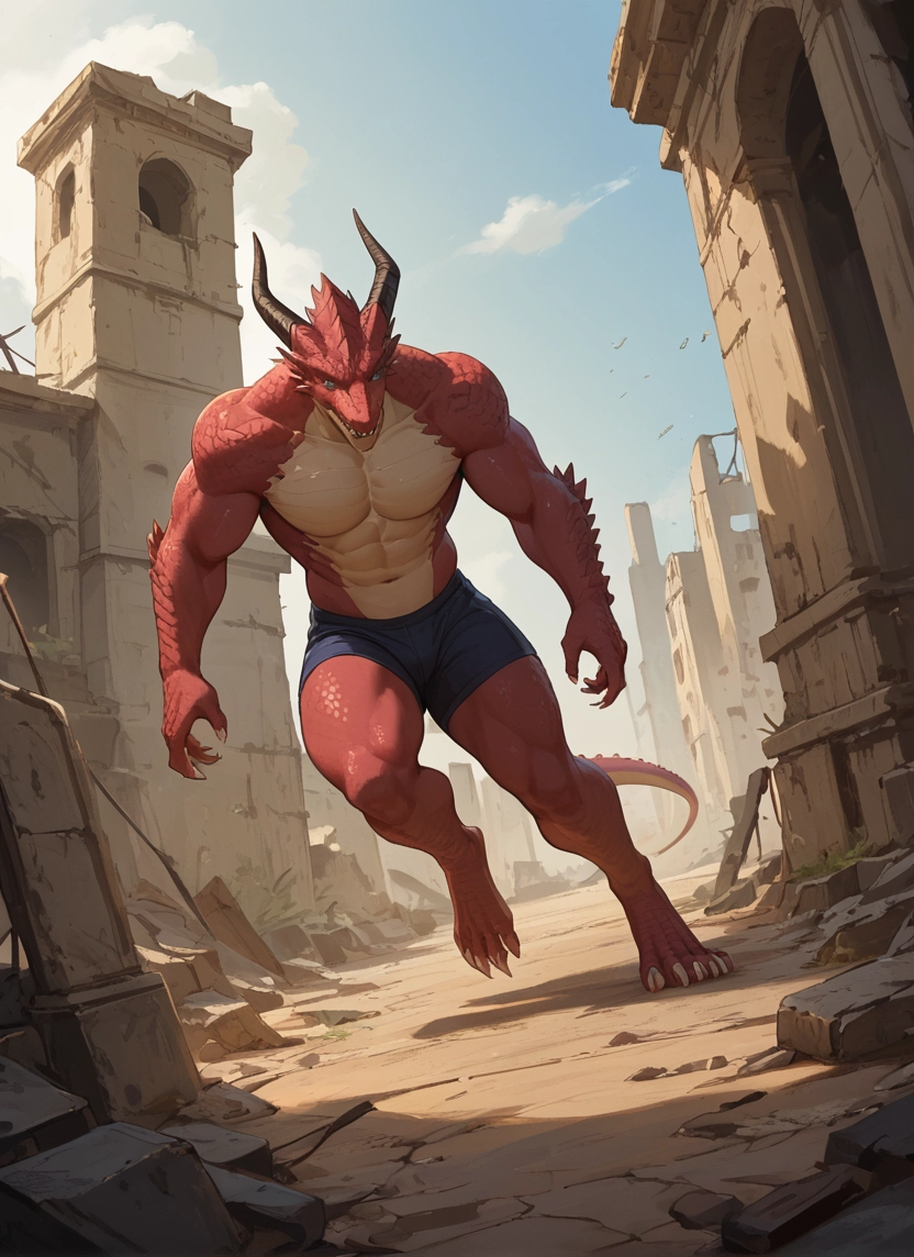 horns, male focus, solo, 1boy, muscular, red skin