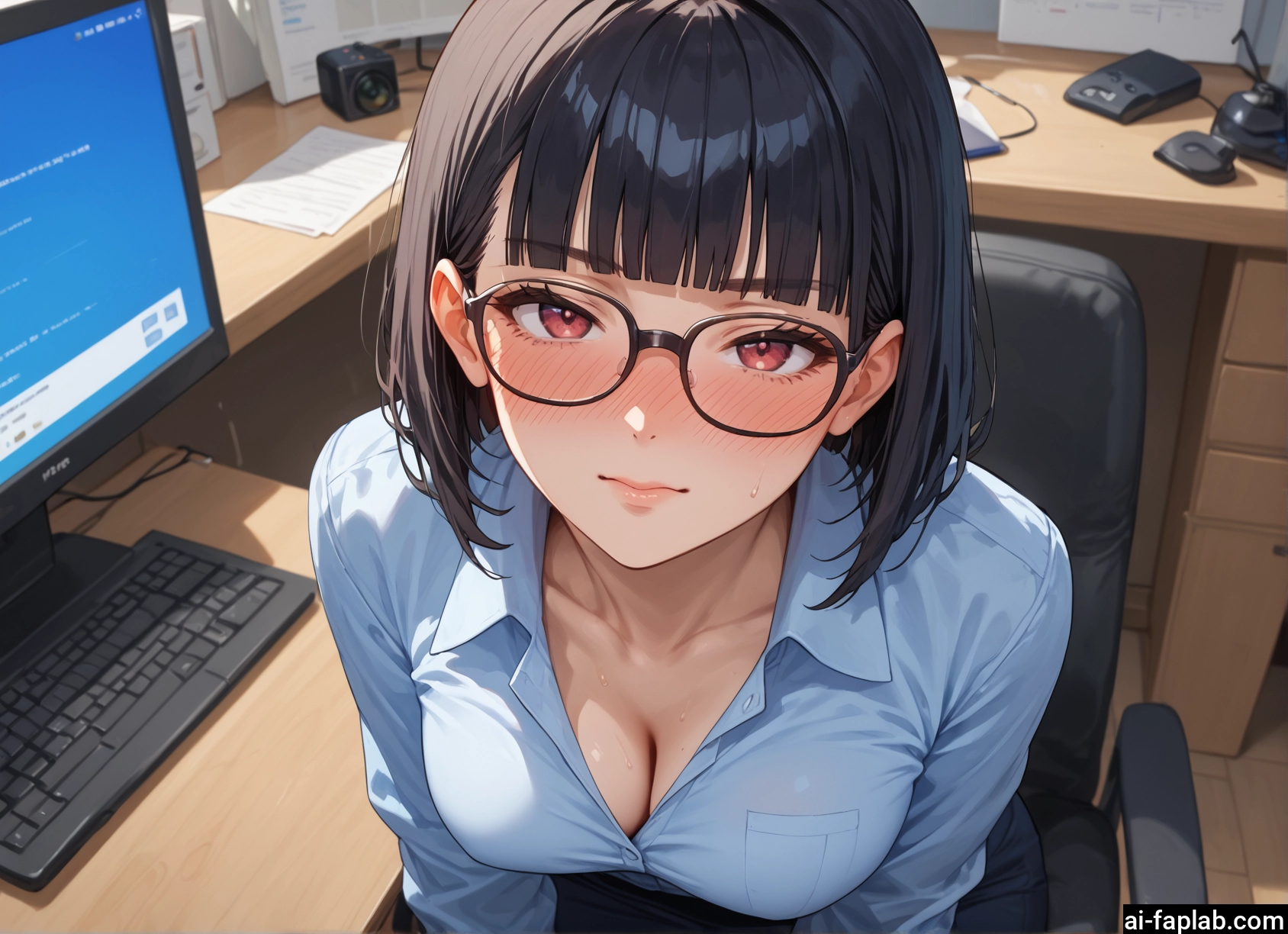 1girl, breasts, glasses, blush, cleavage, shirt · Yamete.gg