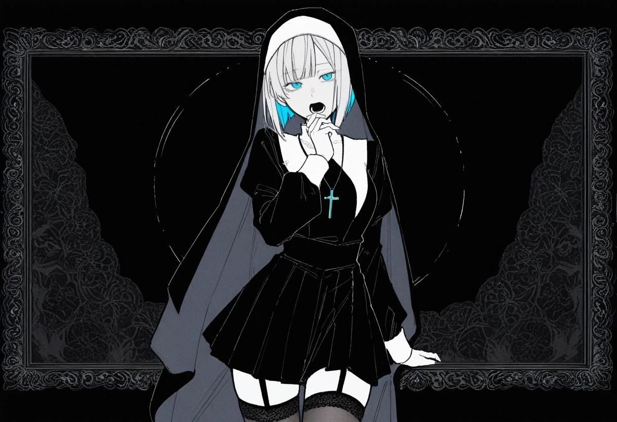 1girl, solo, jewelry, blue eyes, thighhighs, nun · Yamete.gg