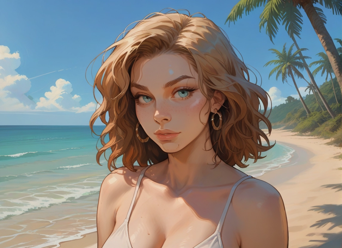 1girl, solo, beach, outdoors, day, earrings · Yamete.gg