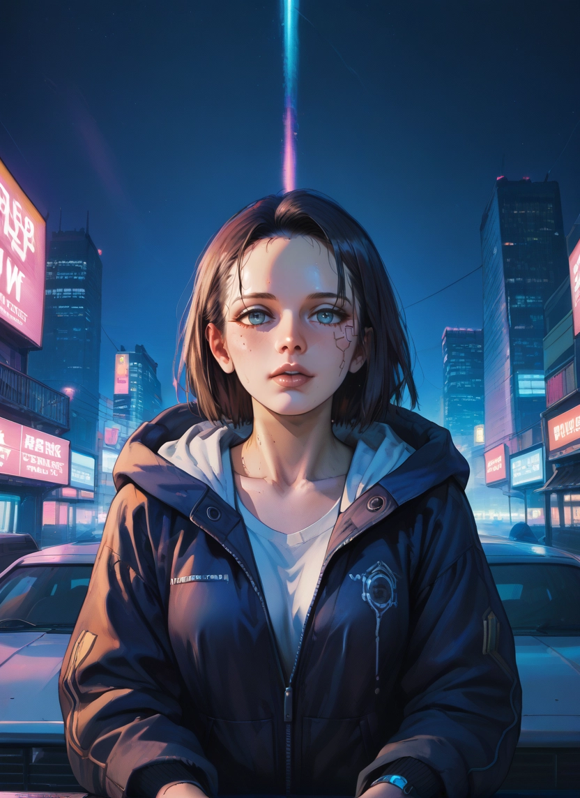 1girl, car, solo, motor vehicle, blue eyes, hood · Yamete.gg