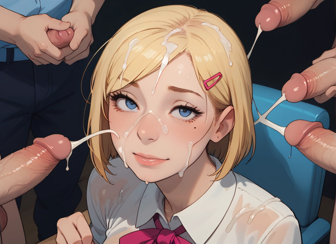 1girl, hair ornament, cum, blonde hair, penis, shirt