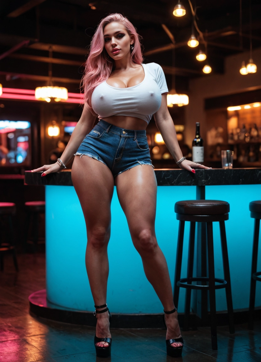 1girl, shorts, breasts, jewelry, bar (place), denim · Yamete.gg