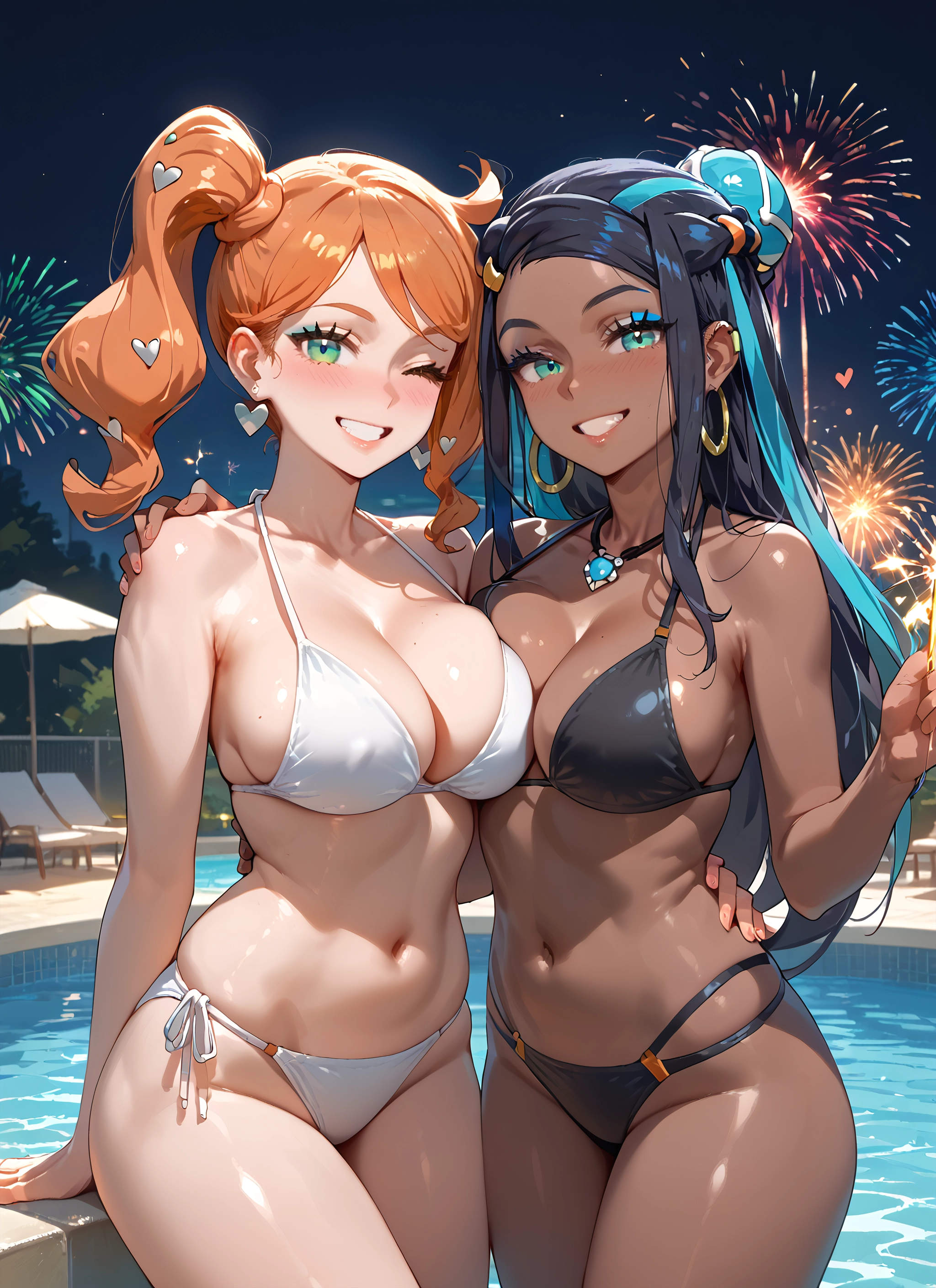 swimsuit, breasts, multiple girls, 2girls, bikini, dark skin · Yamete.gg