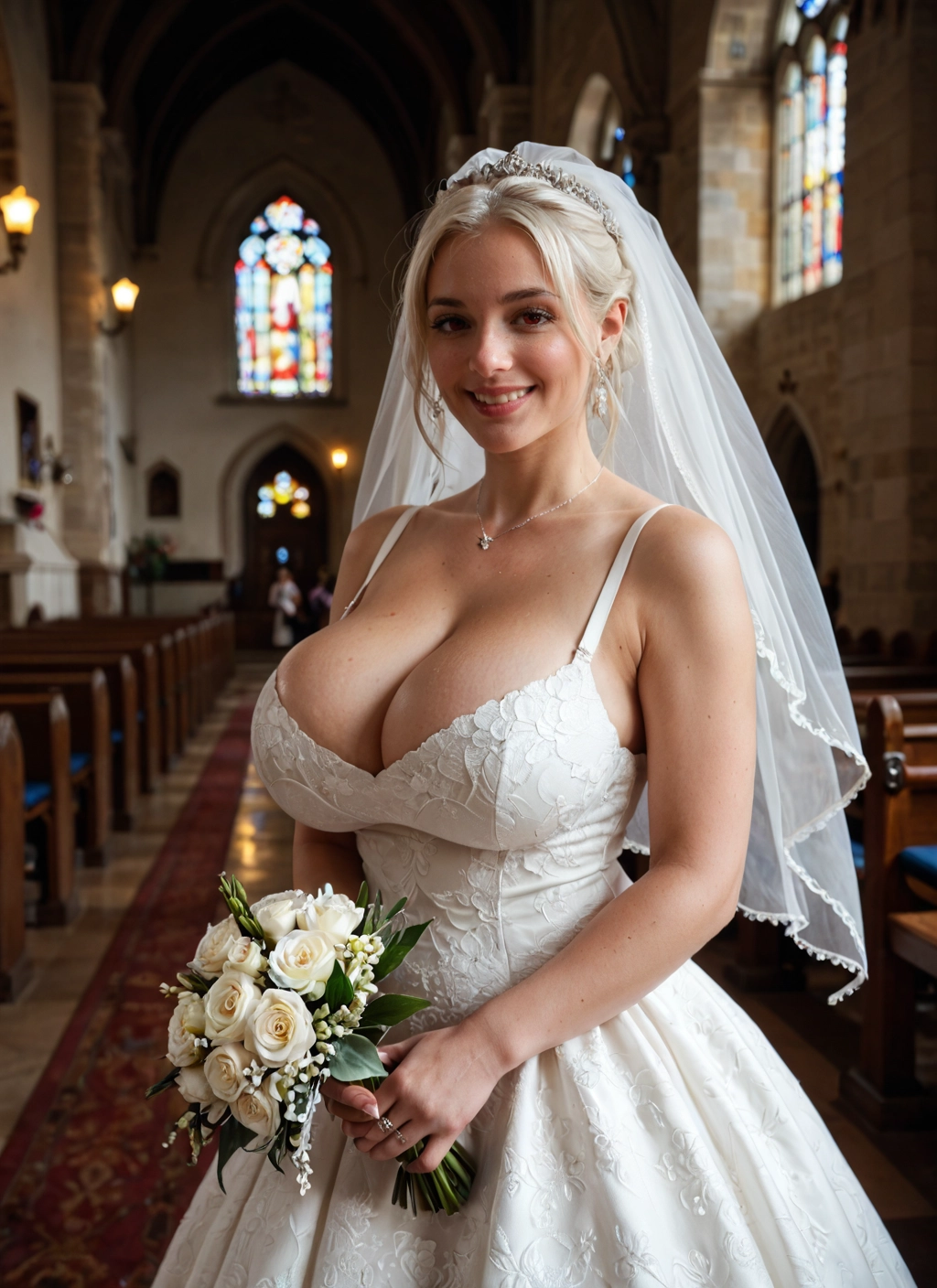 breasts, dress, flower, wedding dress, jewelry, bouquet · Yamete.gg