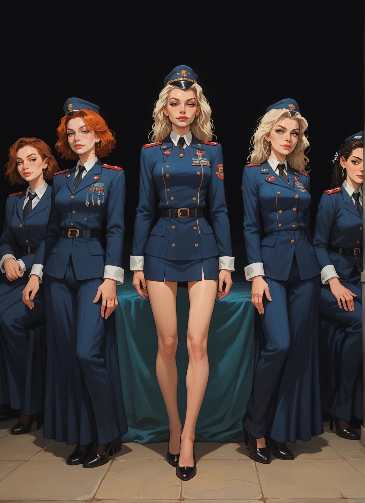 multiple girls, 4girls, uniform, hat, blonde hair, military · Yamete.gg
