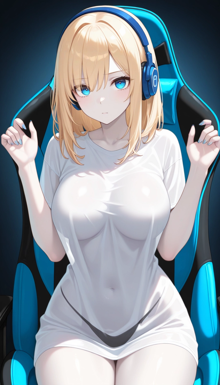 1girl, solo, breasts, blonde hair, headphones, blue eyes · Yamete.gg