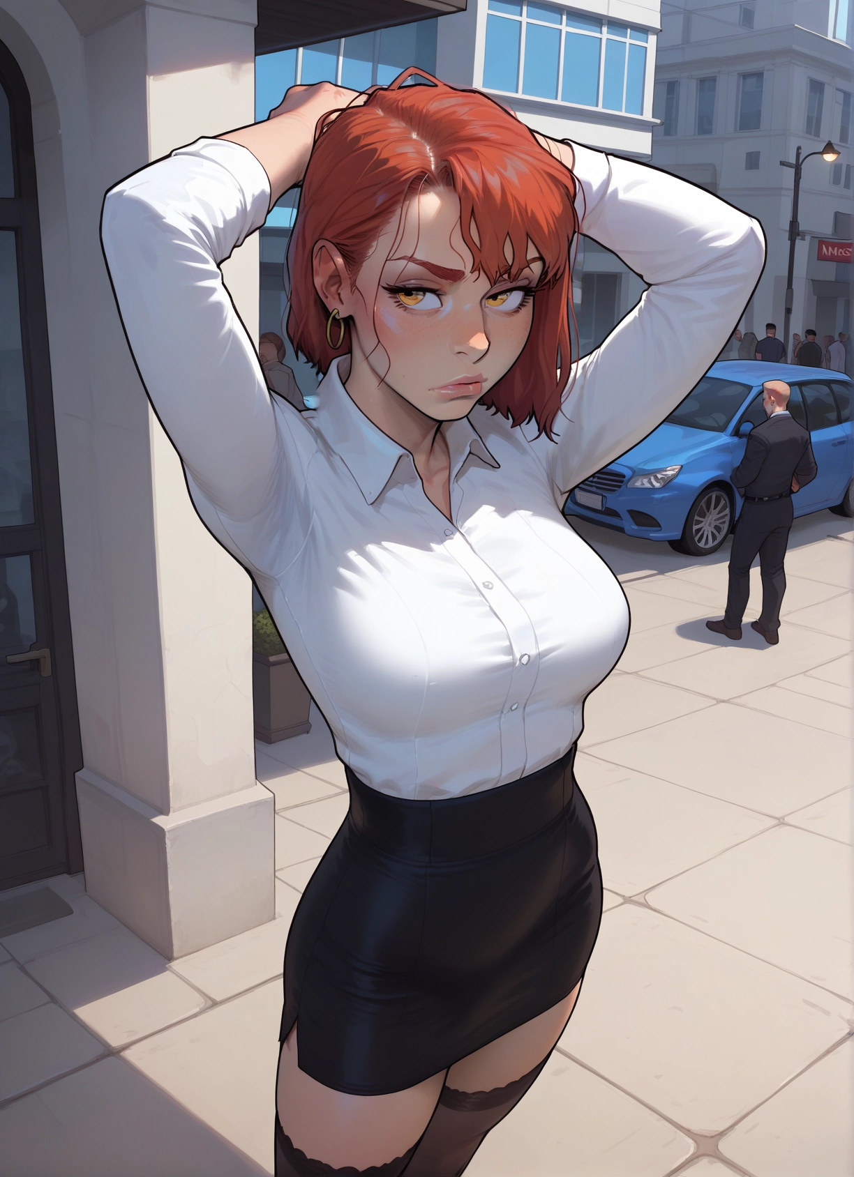 skirt, thighhighs, 1girl, shirt, breasts, motor vehicle · Yamete.gg