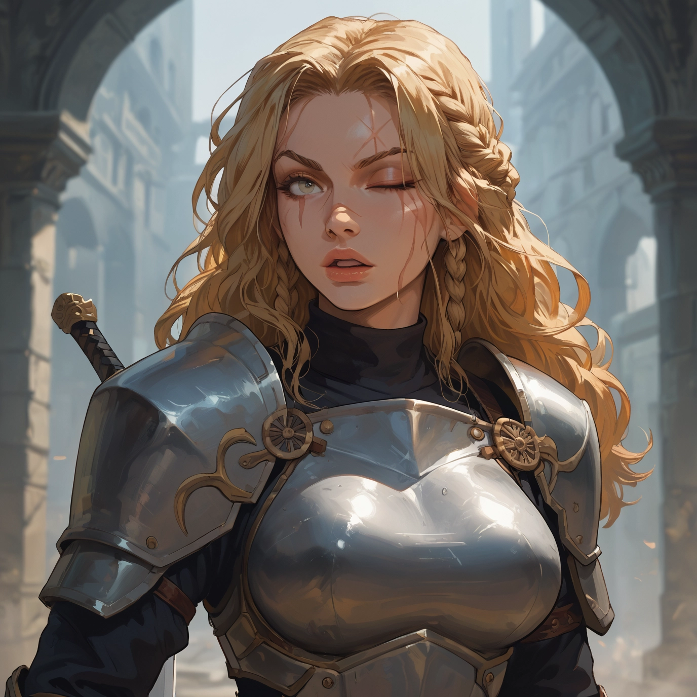1girl, armor, blonde hair, solo, weapon, braid · Yamete.gg