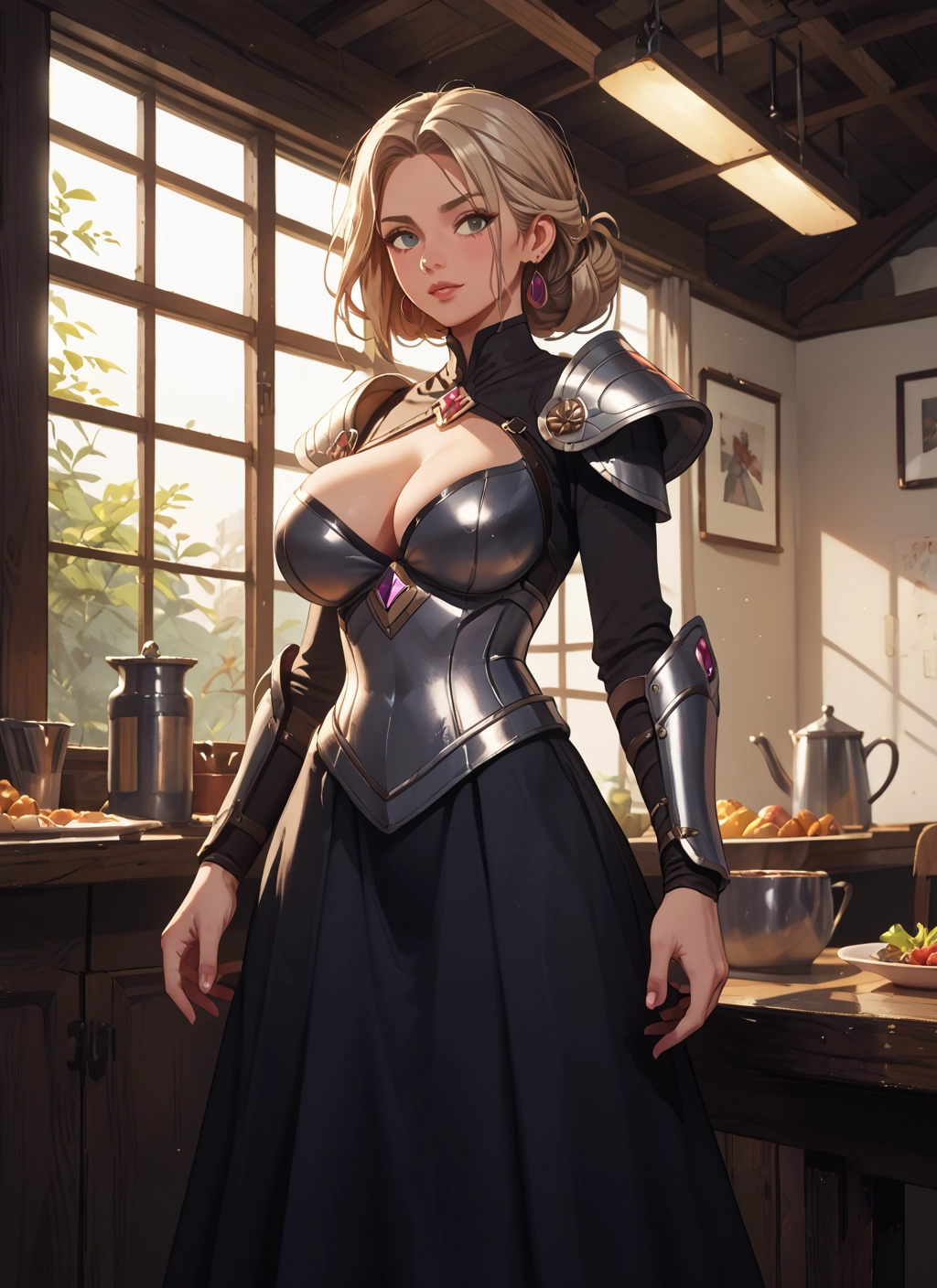 1girl, breasts, jewelry, earrings, armor, cleavage · Yamete.gg
