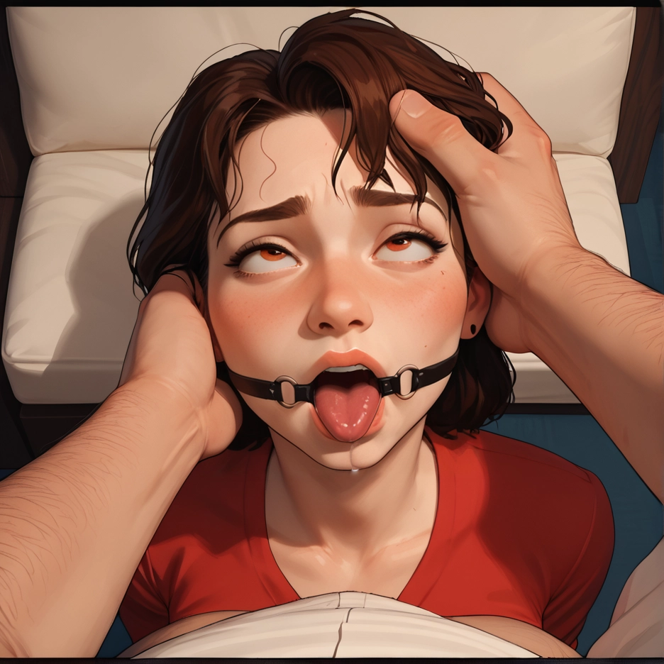 1girl, 1boy, brown hair, gag, saliva, tongue