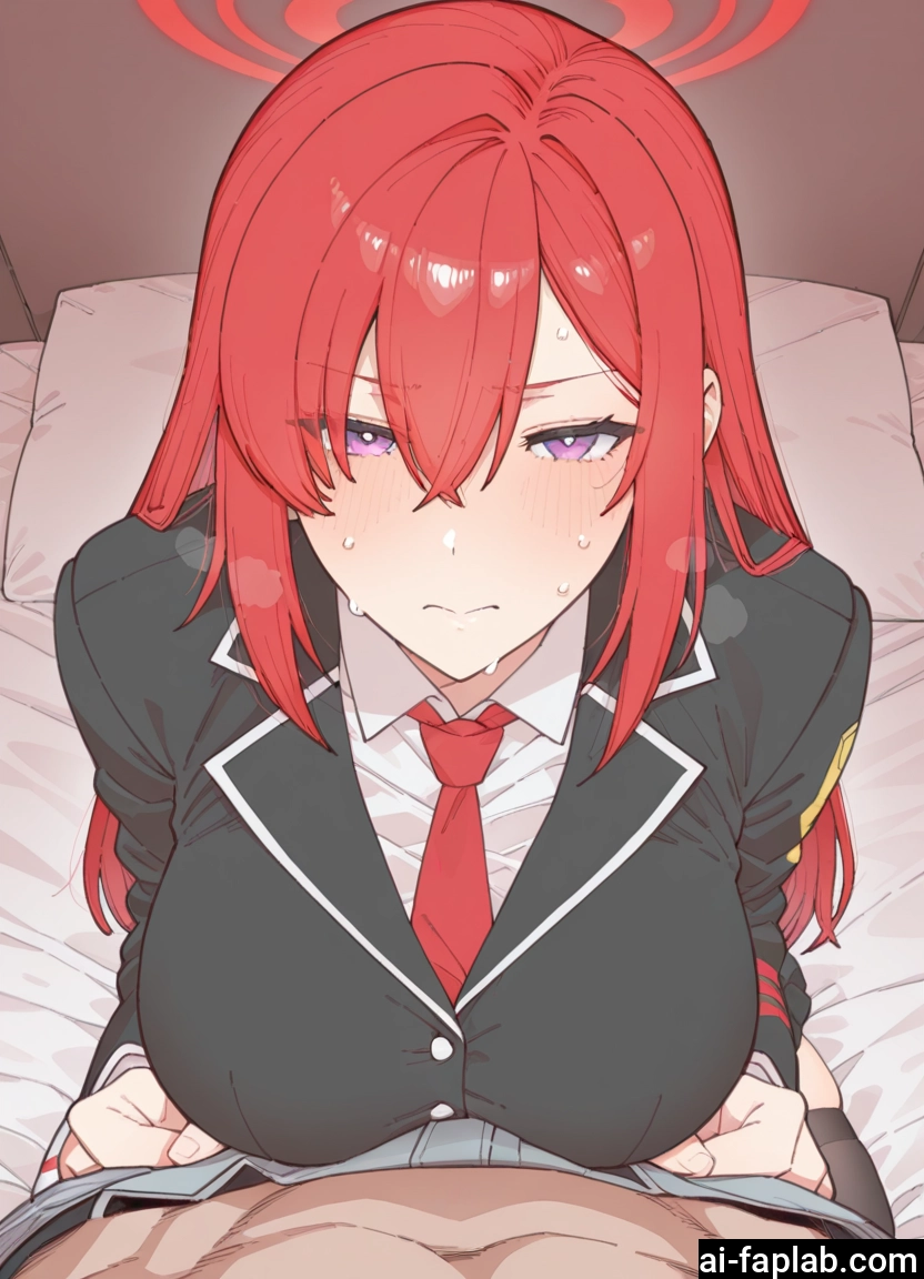 1girl, breasts, 1boy, red hair, purple eyes, halo