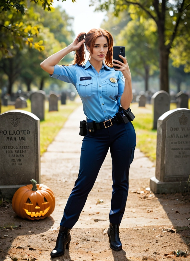 1girl, phone, uniform, cellphone, jack-o'-lantern, police · Yamete.gg