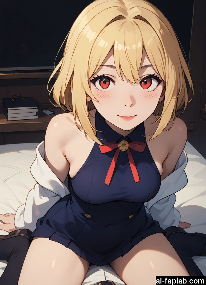 1girl, blonde hair, red eyes, breasts, looking at viewer, sitting