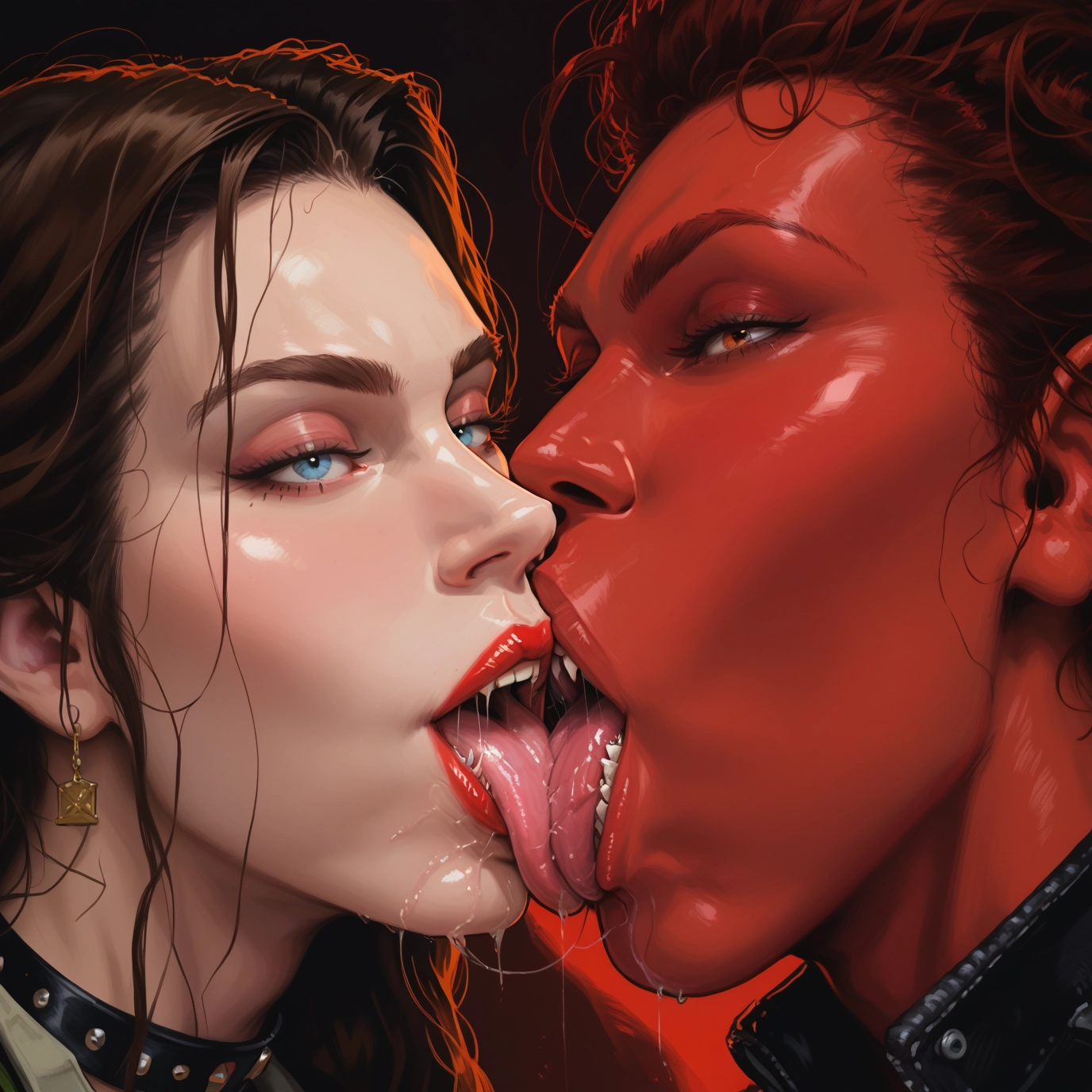 2girls, multiple girls, blue eyes, saliva, jewelry, tongue · Yamete.gg