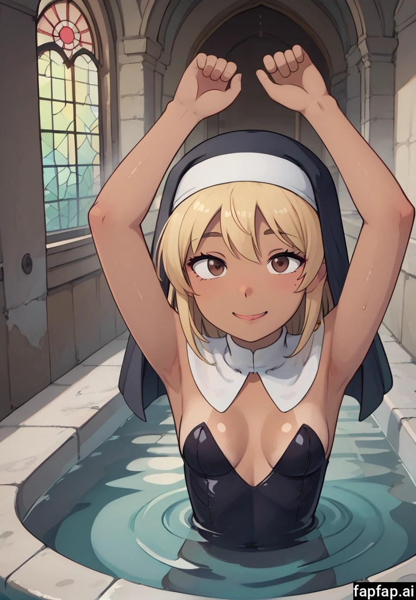 1girl, breasts, solo, arms up, blonde hair, brown eyes · Yamete.gg