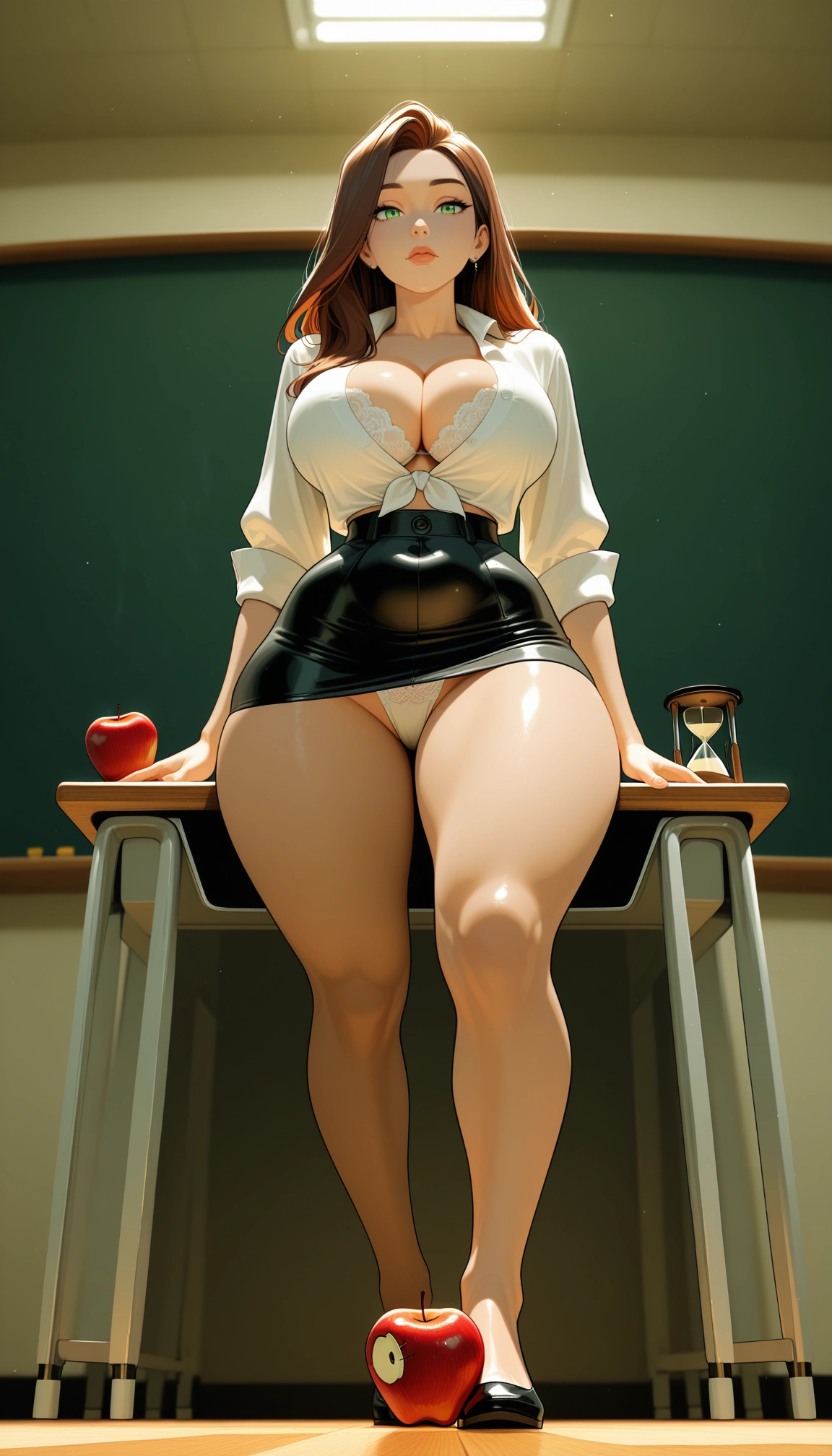 1girl, breasts, underwear, chalkboard, solo, skirt