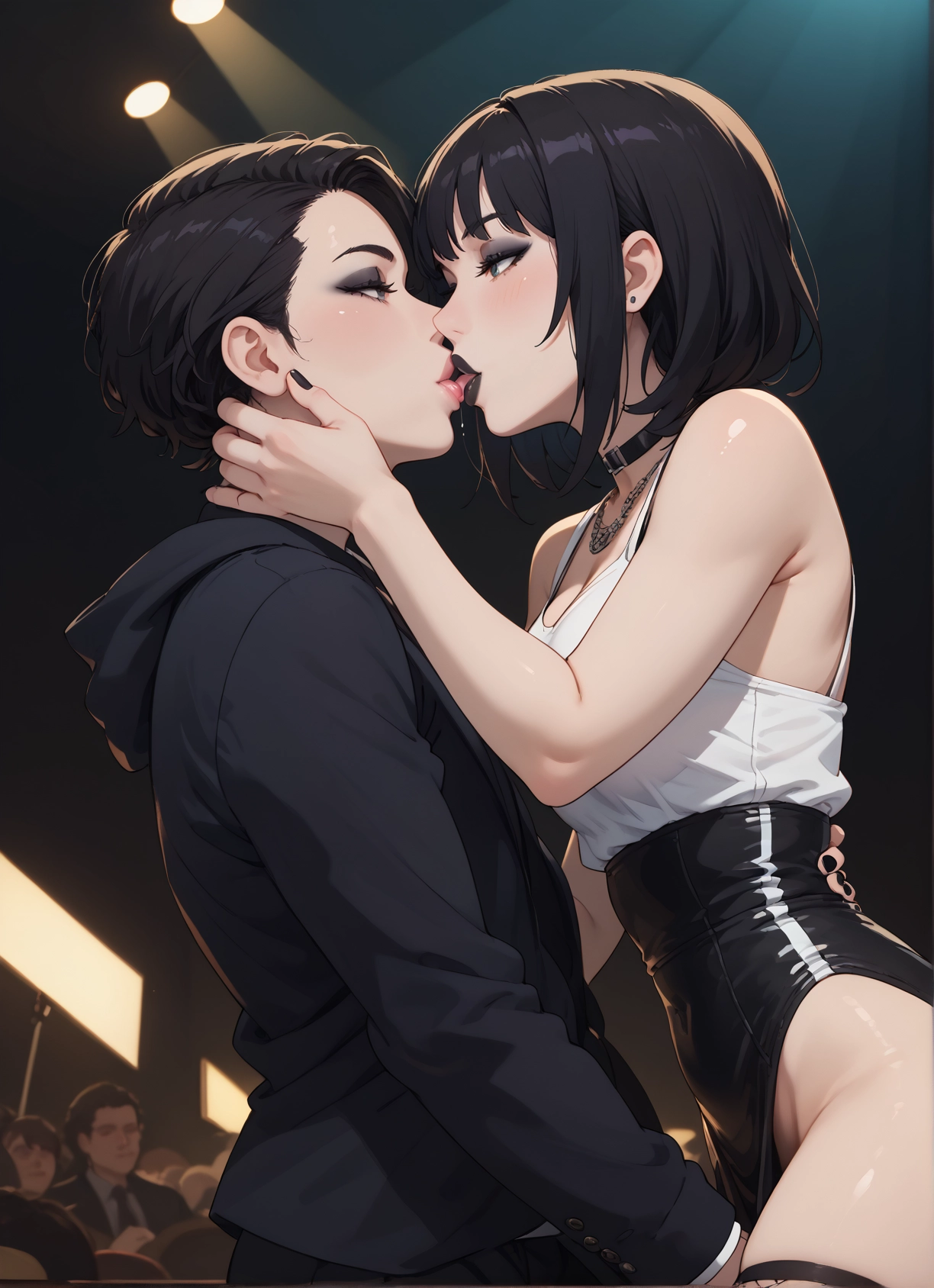 kiss, jewelry, short hair, multiple girls, french kiss, black hair · Yamete.gg