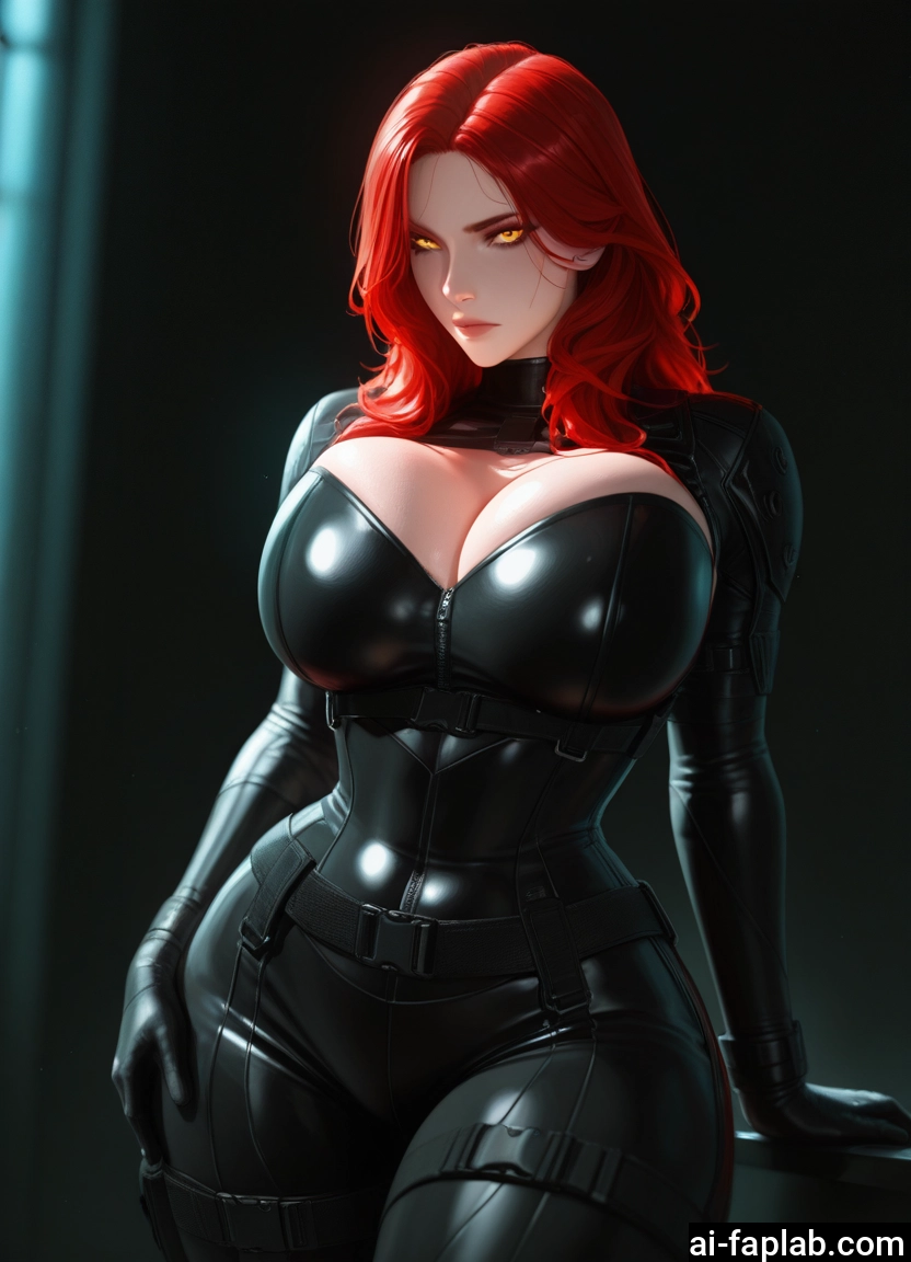 1girl, breasts, red hair, yellow eyes, bodysuit, cleavage · Yamete.gg