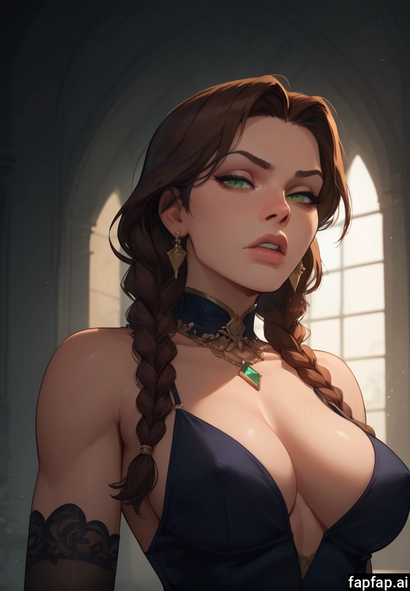 1girl, breasts, solo, green eyes, brown hair, braid