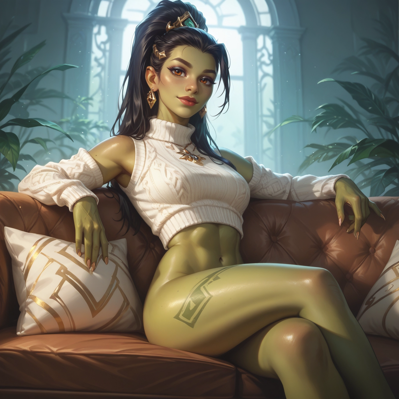 1girl, solo, jewelry, colored skin, earrings, sitting · Yamete.gg