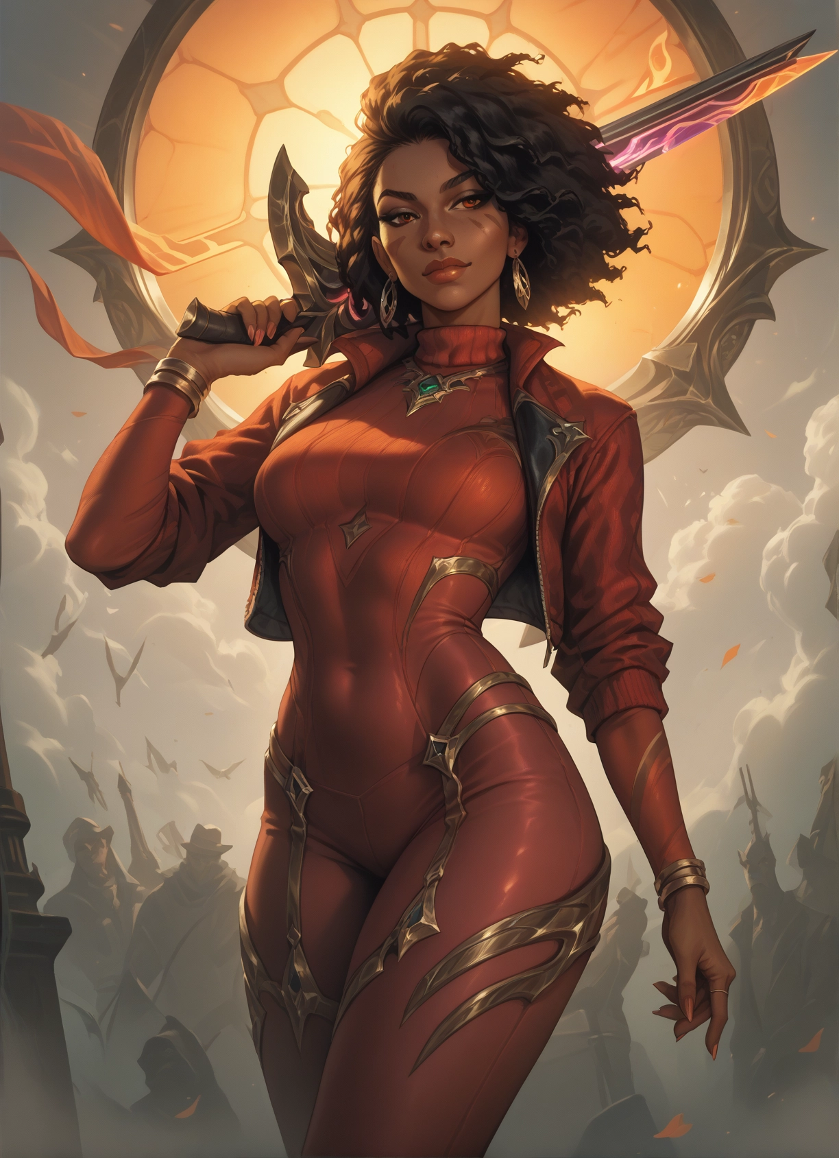 1girl, jewelry, weapon, earrings, jacket, dark skin · Yamete.gg