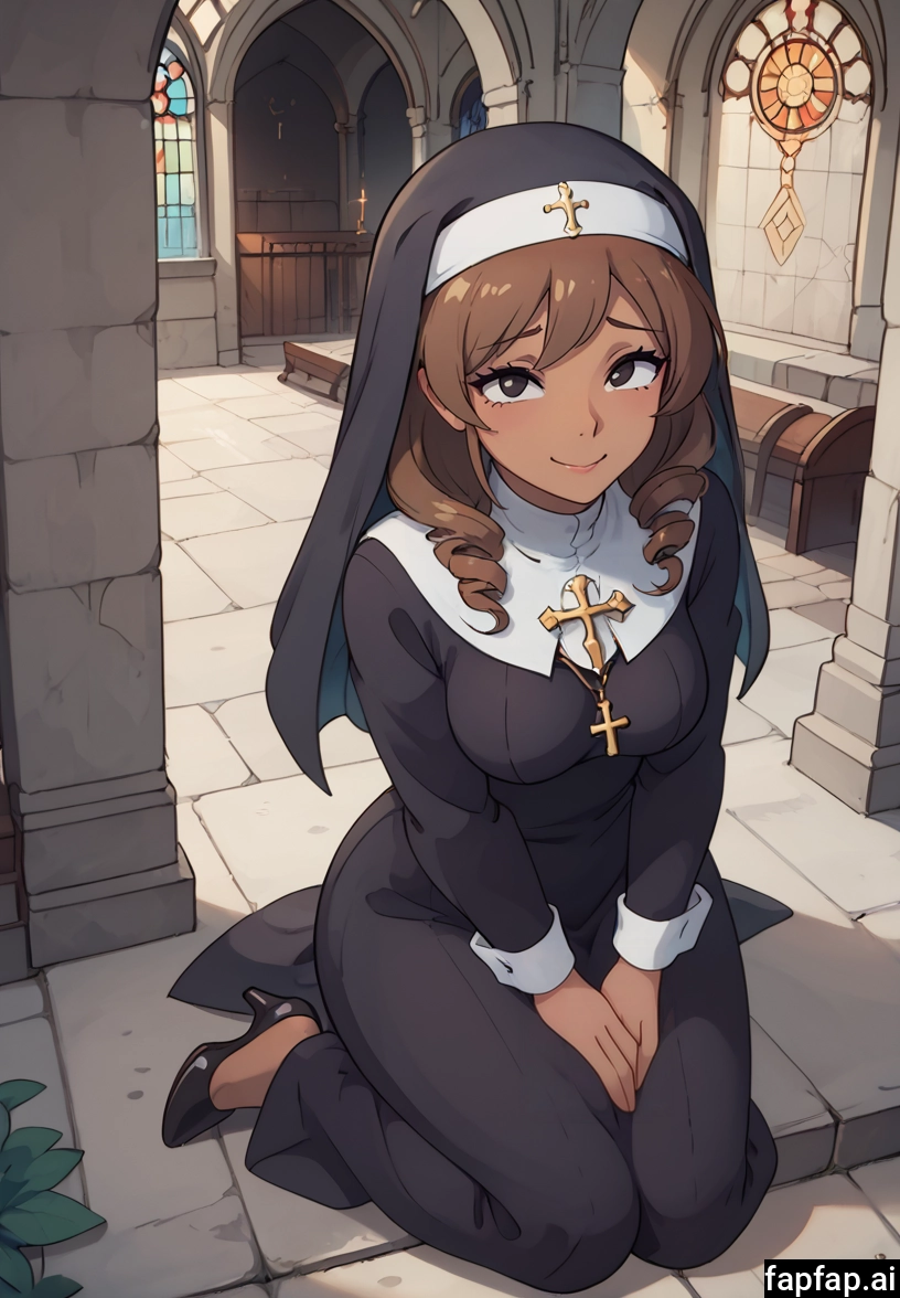 1girl, nun, solo, brown hair, breasts, smile · Yamete.gg