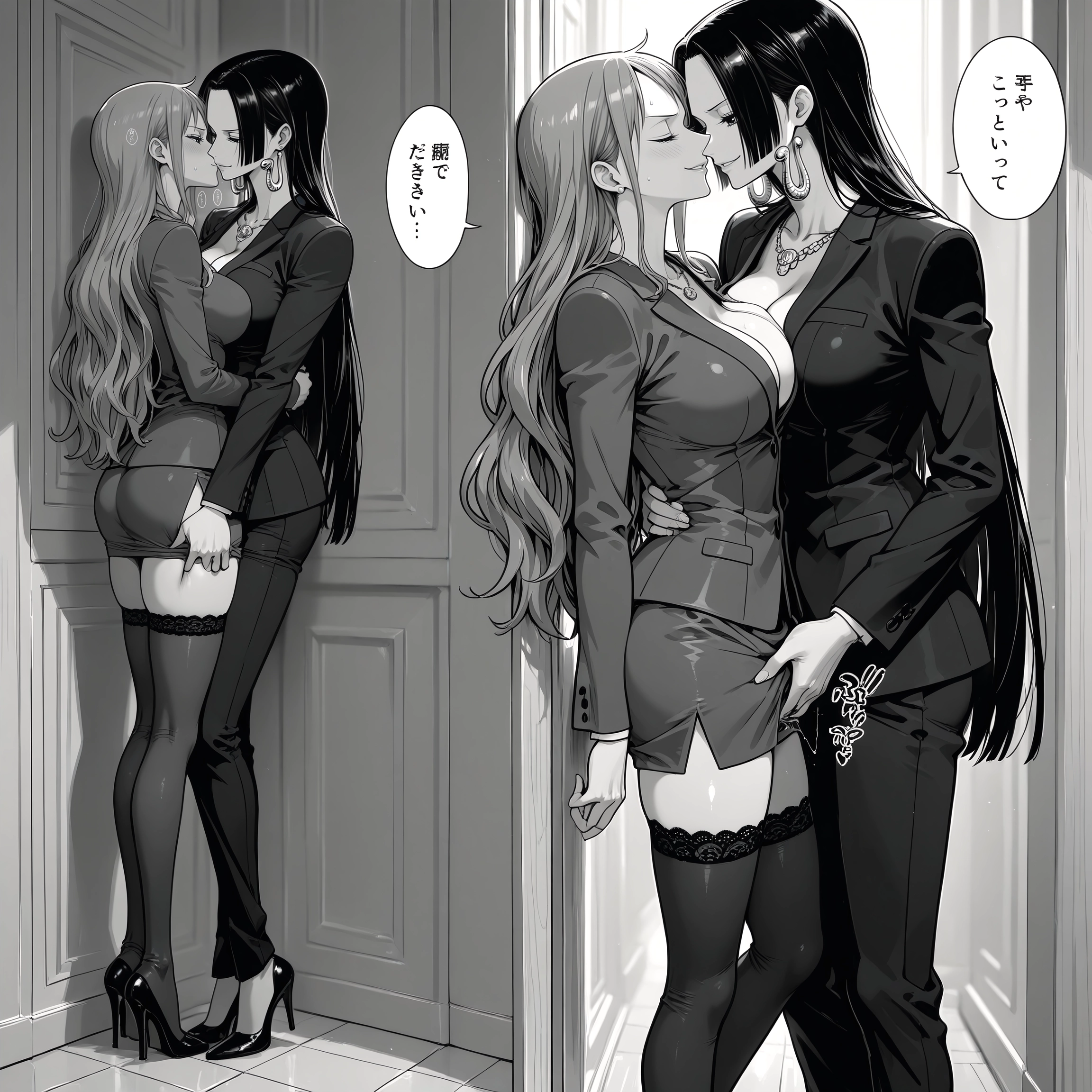monochrome, greyscale, breasts, multiple girls, yuri, jewelry · Yamete.gg