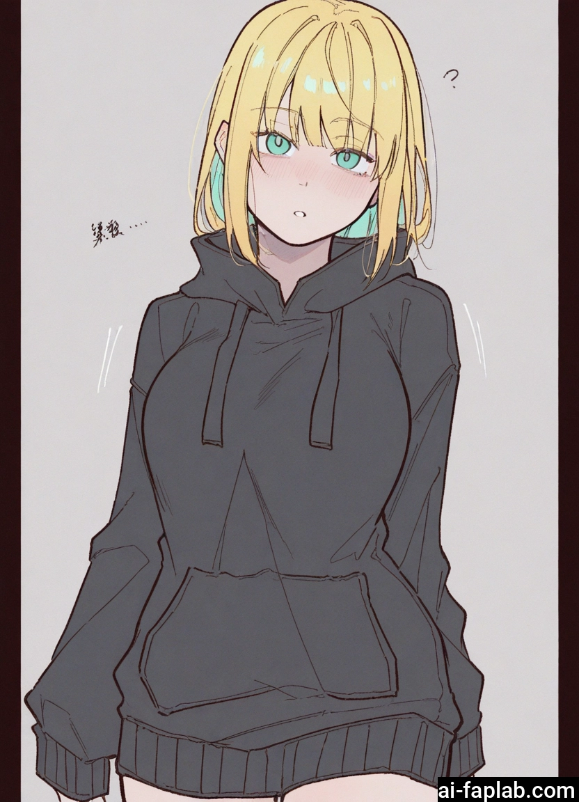1girl, blonde hair, solo, hood, hoodie, blush
