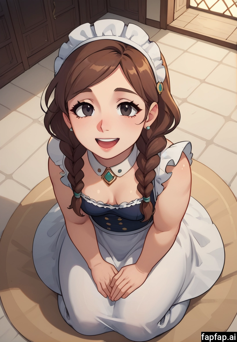 1girl, solo, breasts, brown hair, maid headdress, smile