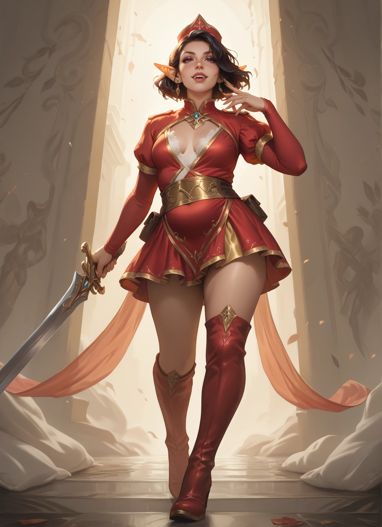 1girl, weapon, sword, pointy ears, breasts, boots · Yamete.gg