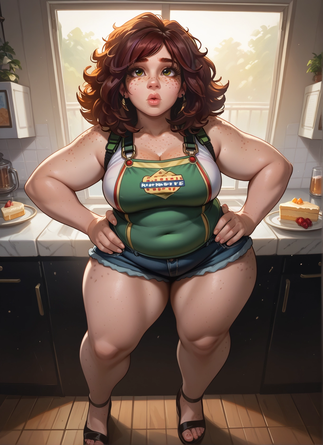 1girl, breasts, freckles, food, solo, cake