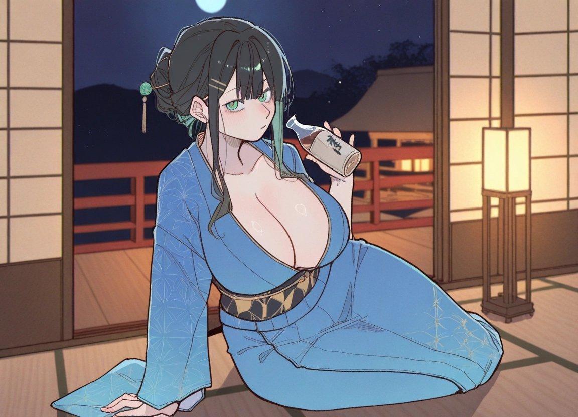 1girl, breasts, japanese clothes, kimono, cleavage, hair ornament · Yamete.gg