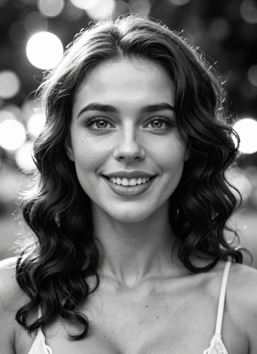 1girl, monochrome, greyscale, solo, freckles, smile · Yamete.gg