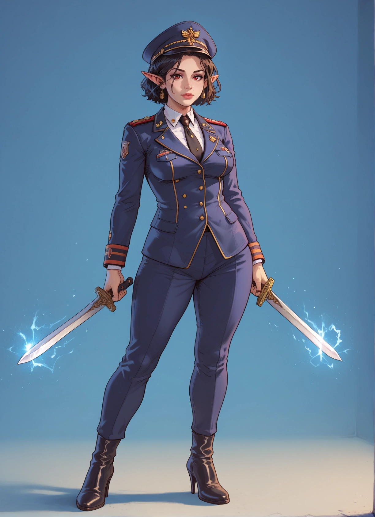 1girl, pointy ears, weapon, solo, uniform, hat · Yamete.gg